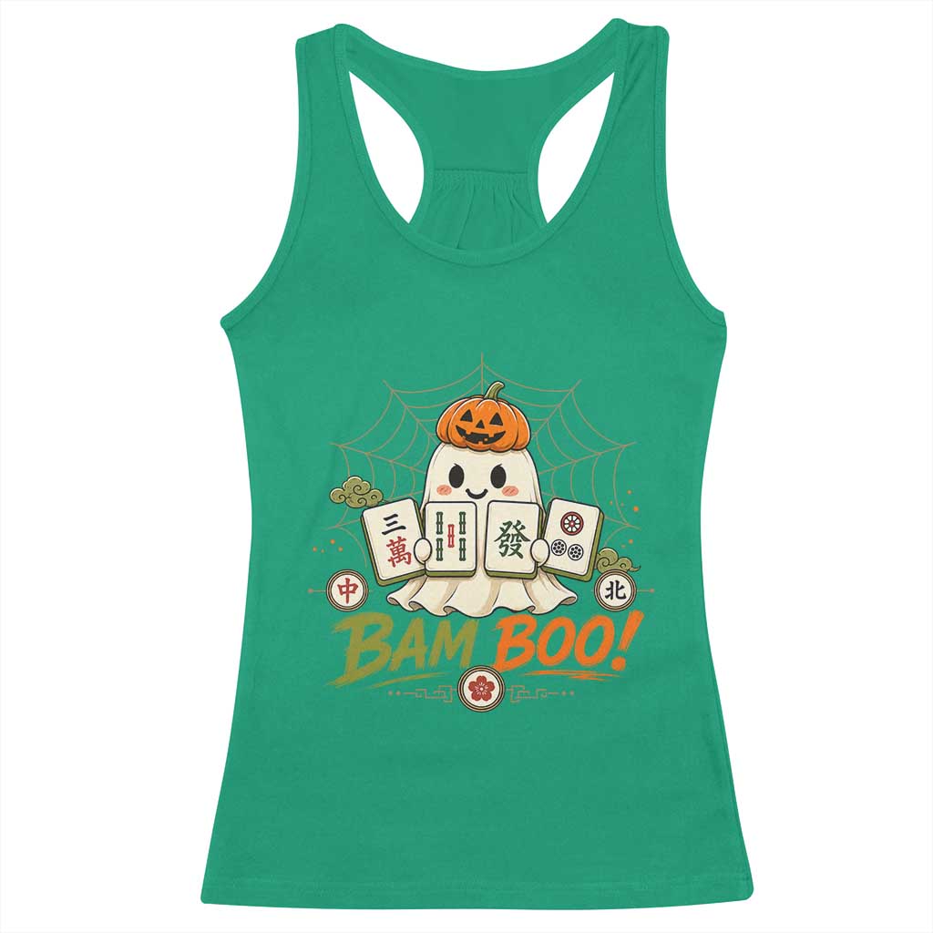 Halloween Ghost Playing Mahjong Spooky Boo Funny Costume Racerback Tank Top Mahjong Lover Gift