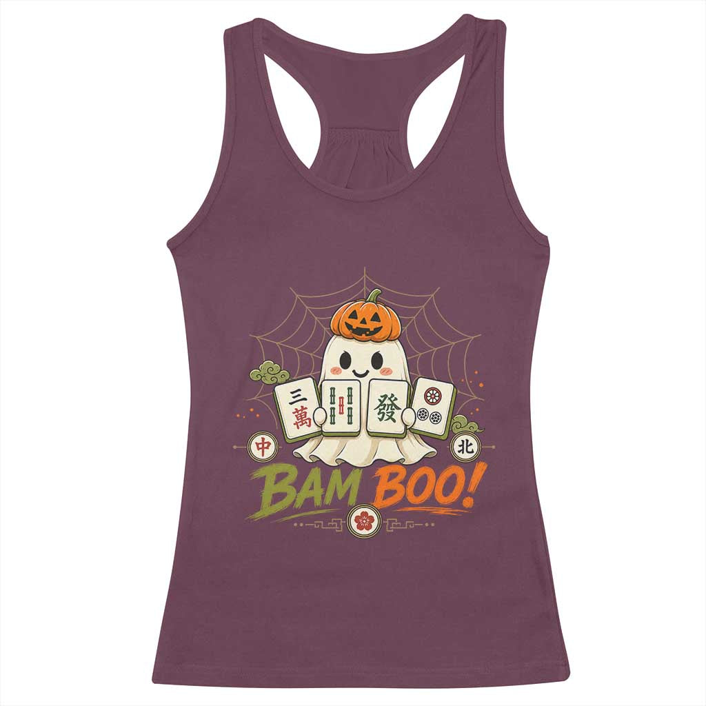 Halloween Ghost Playing Mahjong Spooky Boo Funny Costume Racerback Tank Top Mahjong Lover Gift