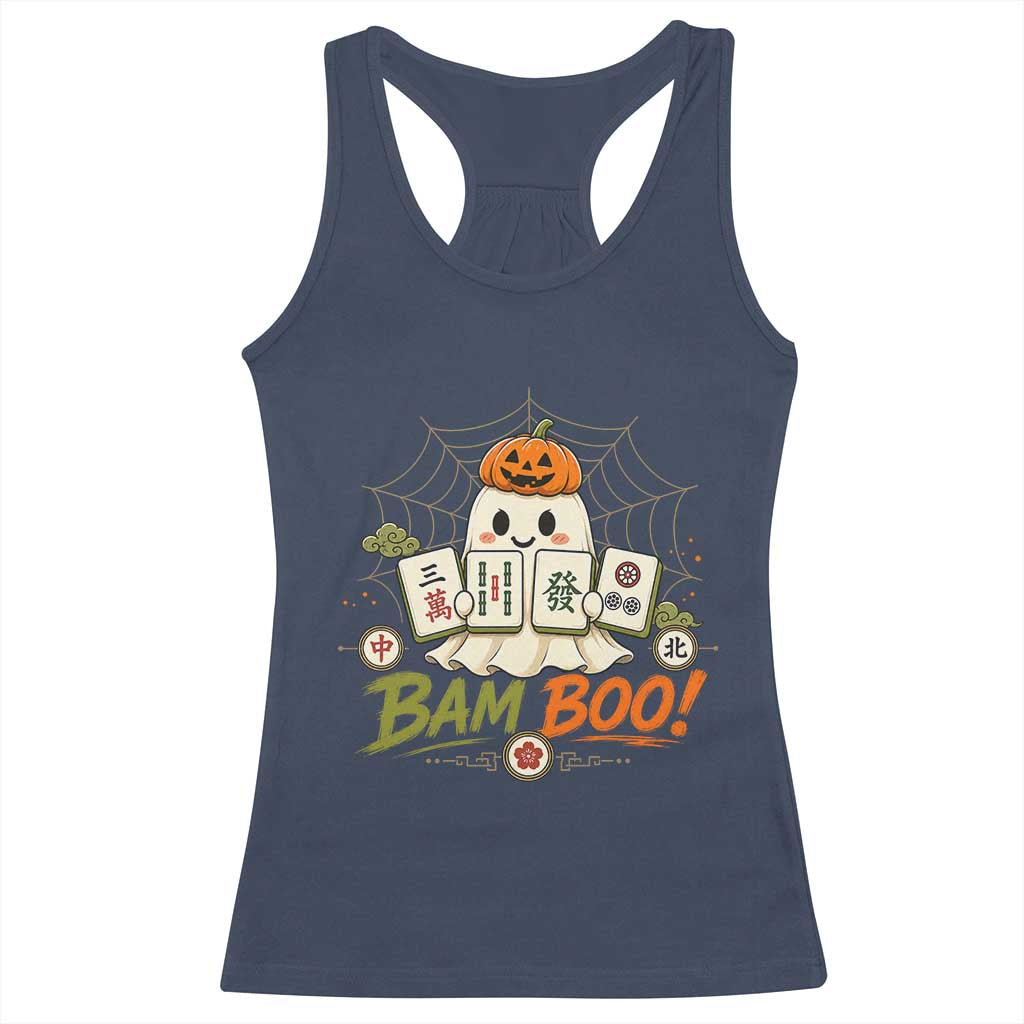 Halloween Ghost Playing Mahjong Spooky Boo Funny Costume Racerback Tank Top Mahjong Lover Gift