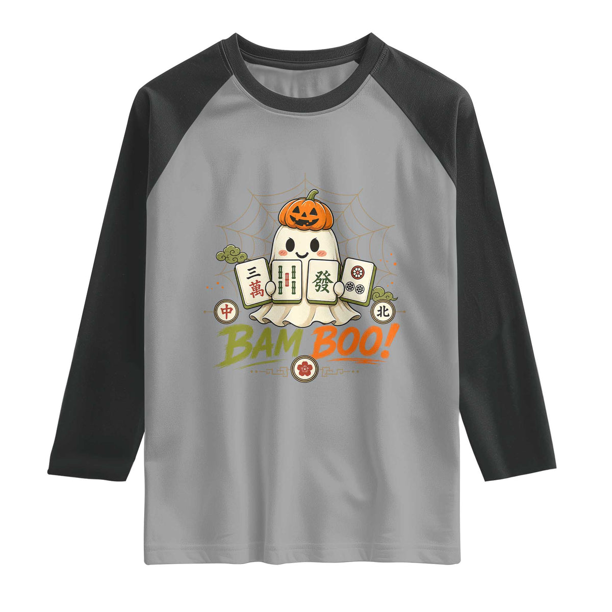 Halloween Ghost Playing Mahjong Spooky Boo Funny Costume Raglan Shirt Mahjong Lover Gift