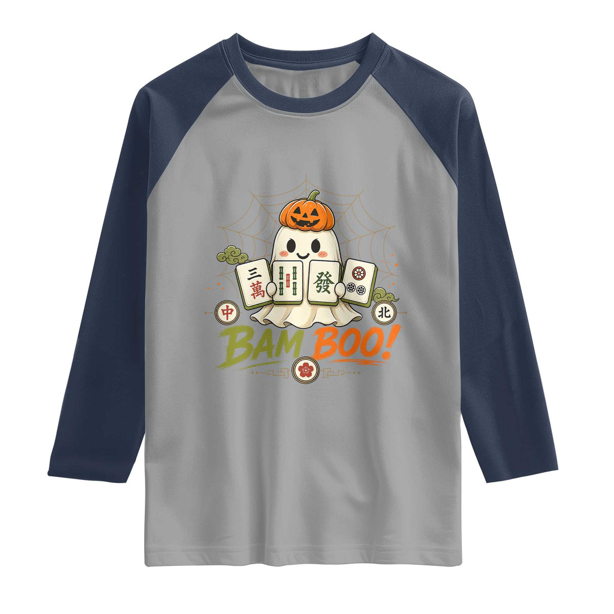 Halloween Ghost Playing Mahjong Spooky Boo Funny Costume Raglan Shirt Mahjong Lover Gift