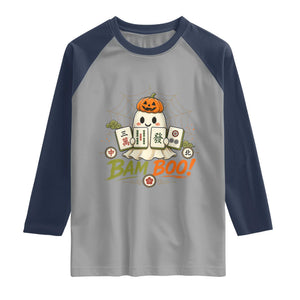 Halloween Ghost Playing Mahjong Spooky Boo Funny Costume Raglan Shirt Mahjong Lover Gift