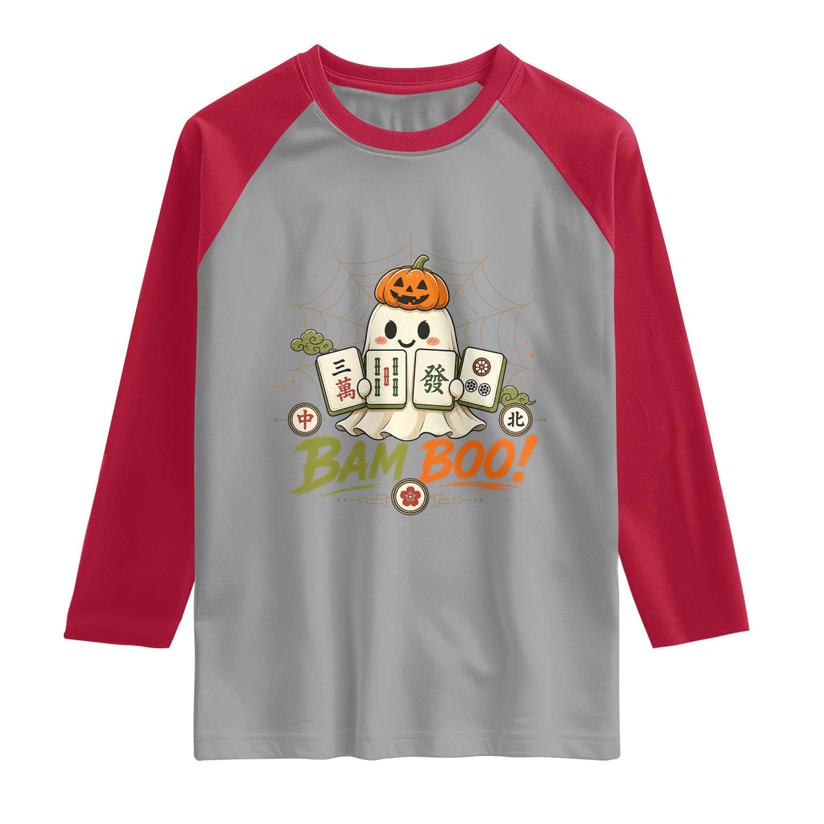 Halloween Ghost Playing Mahjong Spooky Boo Funny Costume Raglan Shirt Mahjong Lover Gift