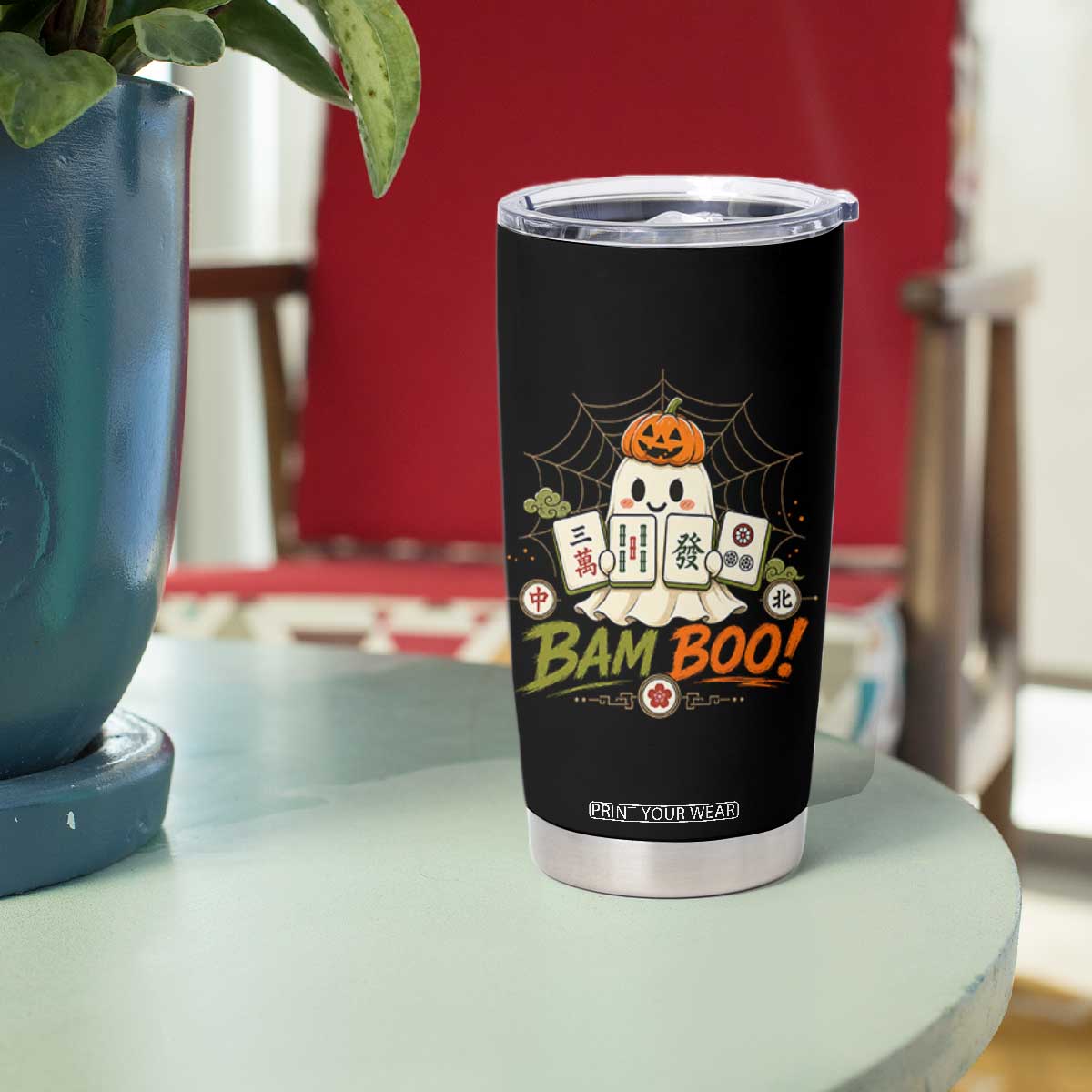 Halloween Ghost Playing Mahjong Spooky Boo Funny Costume Tumbler Cup Mahjong Lover Gift