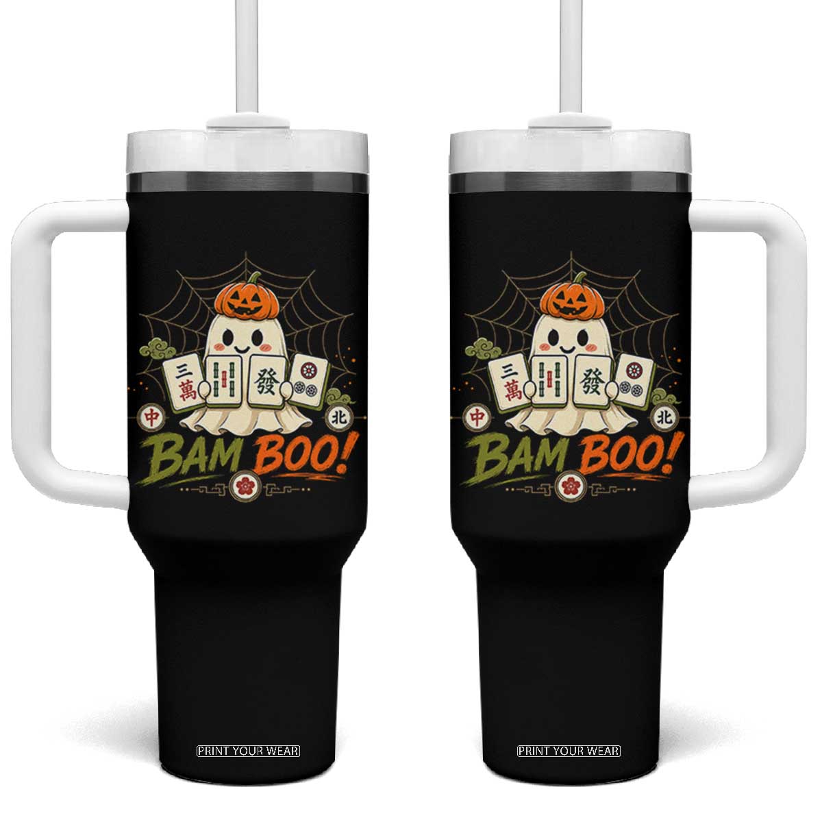 Halloween Ghost Playing Mahjong Spooky Boo Funny Costume Tumbler With Handle Mahjong Lover Gift