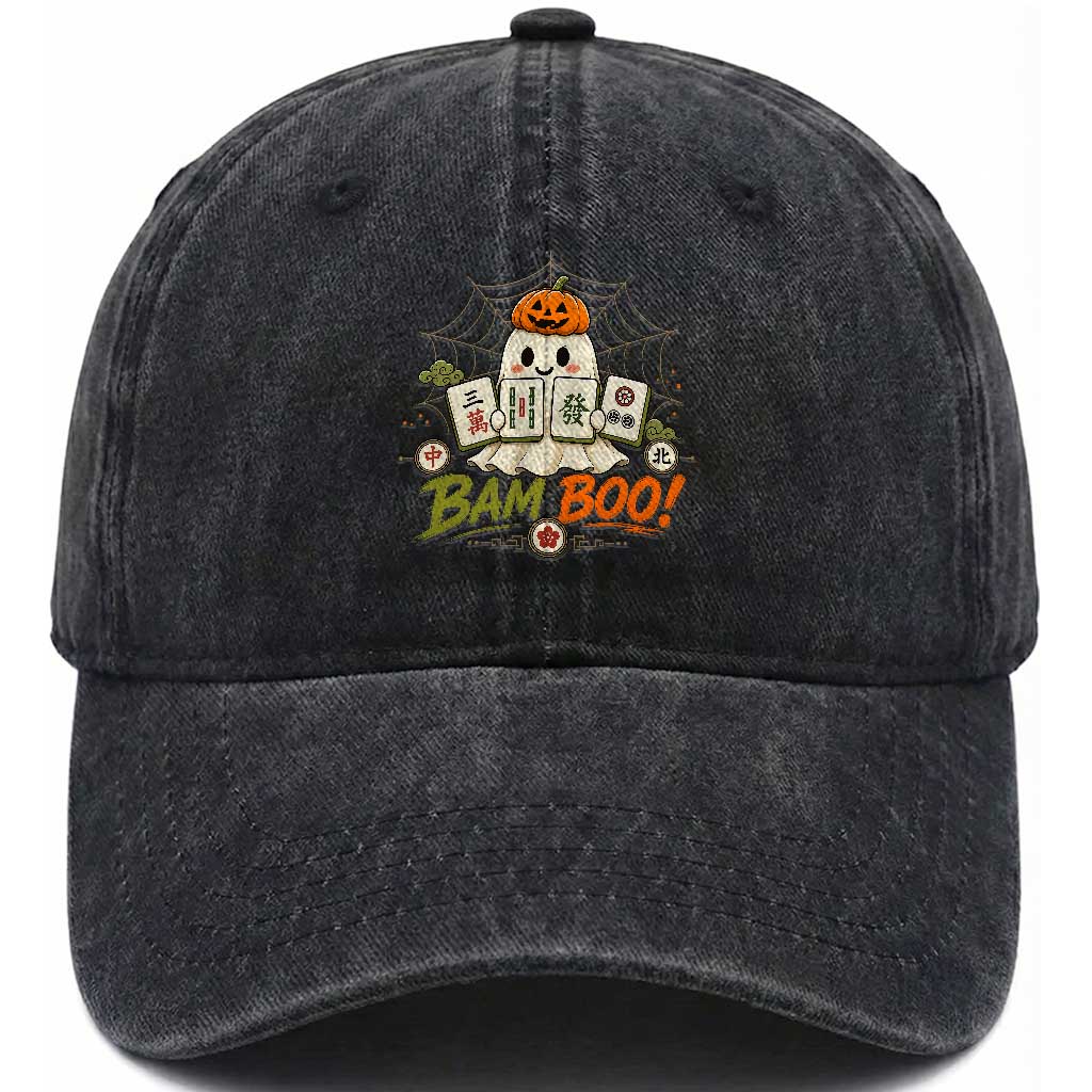 Halloween Ghost Playing Mahjong Spooky Boo Funny Costume Washed Cotton Baseball Cap Mahjong Lover Gift TS10 Print Your Wear