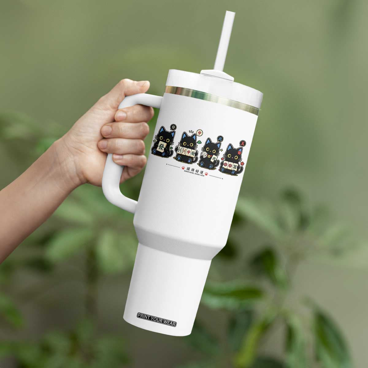 Black Cat Mahjong Lover Cute Graphic Tumbler With Handle