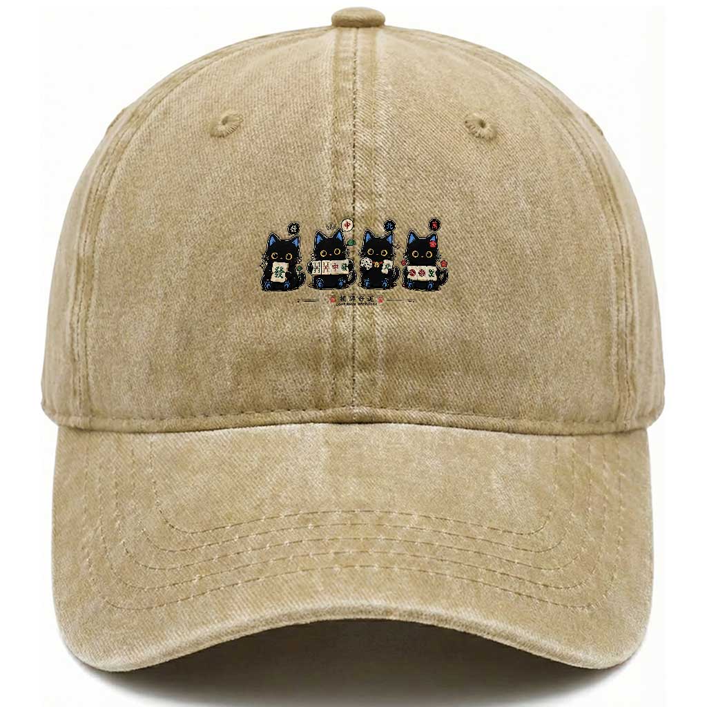 Black Cat Mahjong Lover Cute Graphic Washed Cotton Baseball Cap