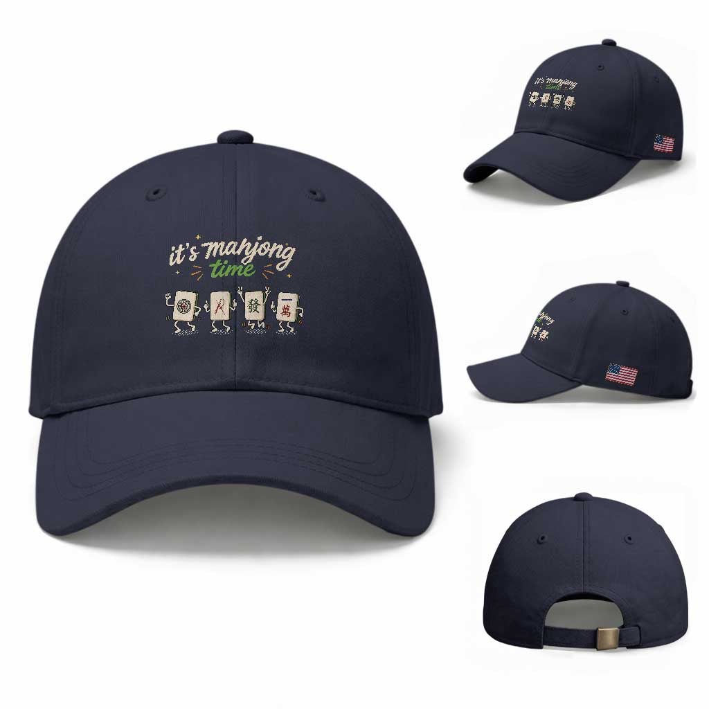 Its Mahjong Time Baseball Cap Funny Cartoon Mahjong Tiles Gathering Game Night