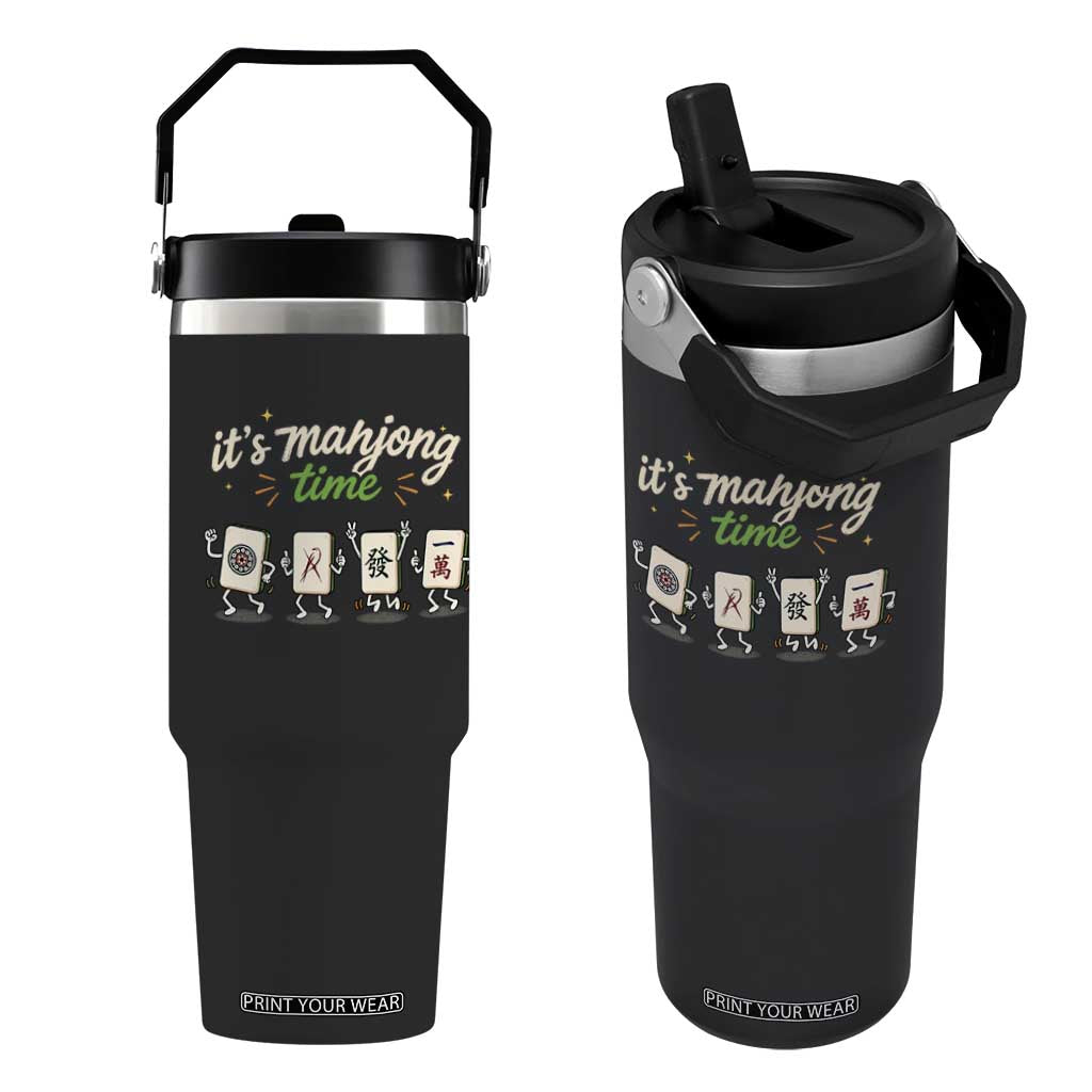 Its Mahjong Time Flip Straw Tumbler Funny Cartoon Mahjong Tiles Gathering Game Night