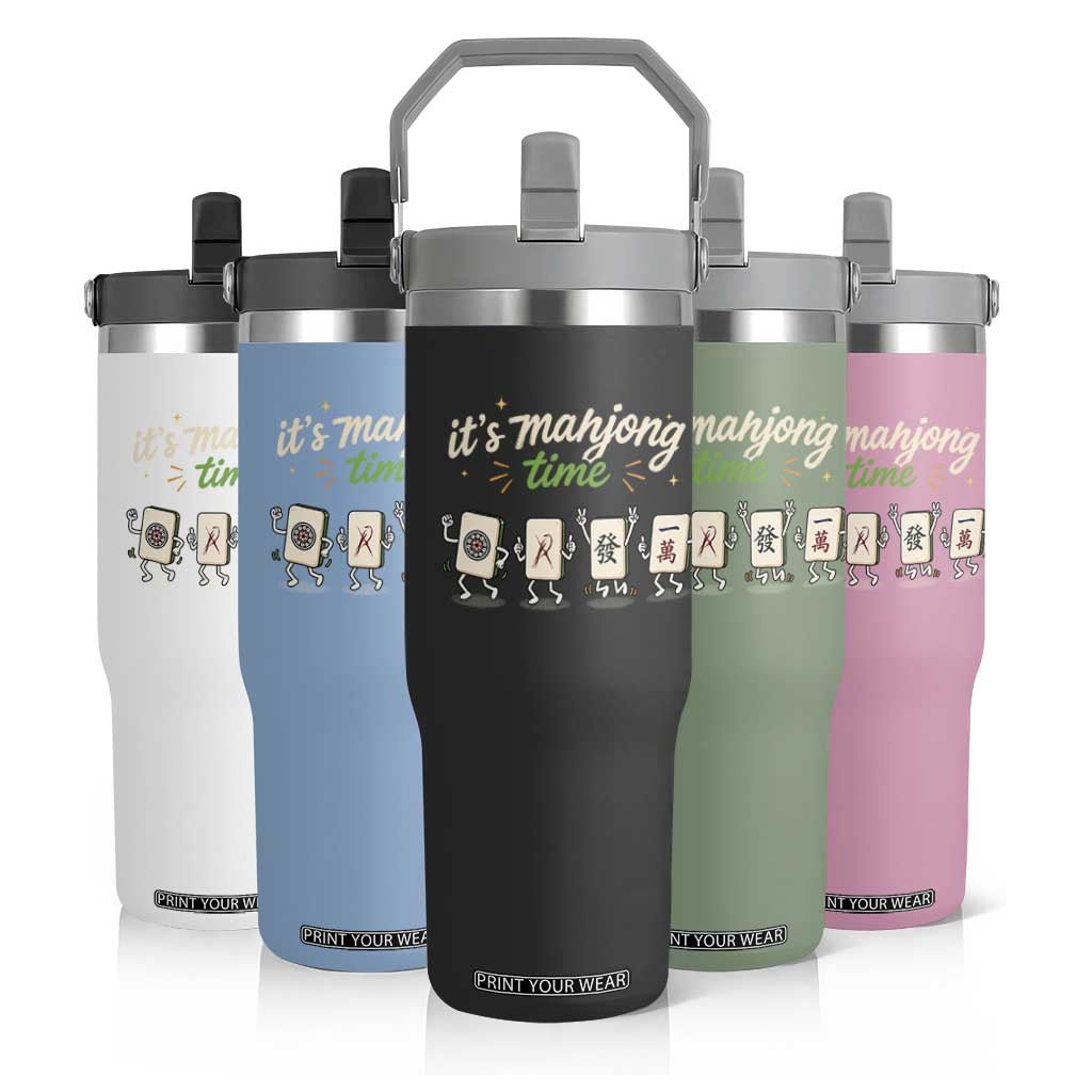 Its Mahjong Time Flip Straw Tumbler Funny Cartoon Mahjong Tiles Gathering Game Night