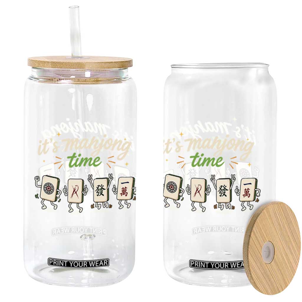 Its Mahjong Time Glass Can Funny Cartoon Mahjong Tiles Gathering Game Night