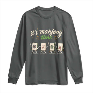 Its Mahjong Time Long Sleeve Shirt Funny Cartoon Mahjong Tiles Gathering Game Night TS10 Dark Heather Print Your Wear