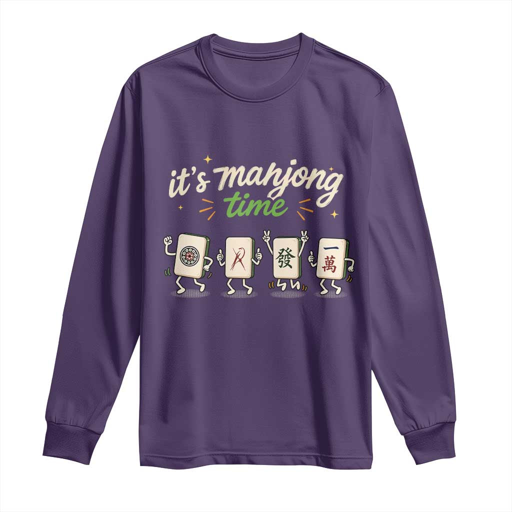 Its Mahjong Time Long Sleeve Shirt Funny Cartoon Mahjong Tiles Gathering Game Night TS10 Purple Print Your Wear