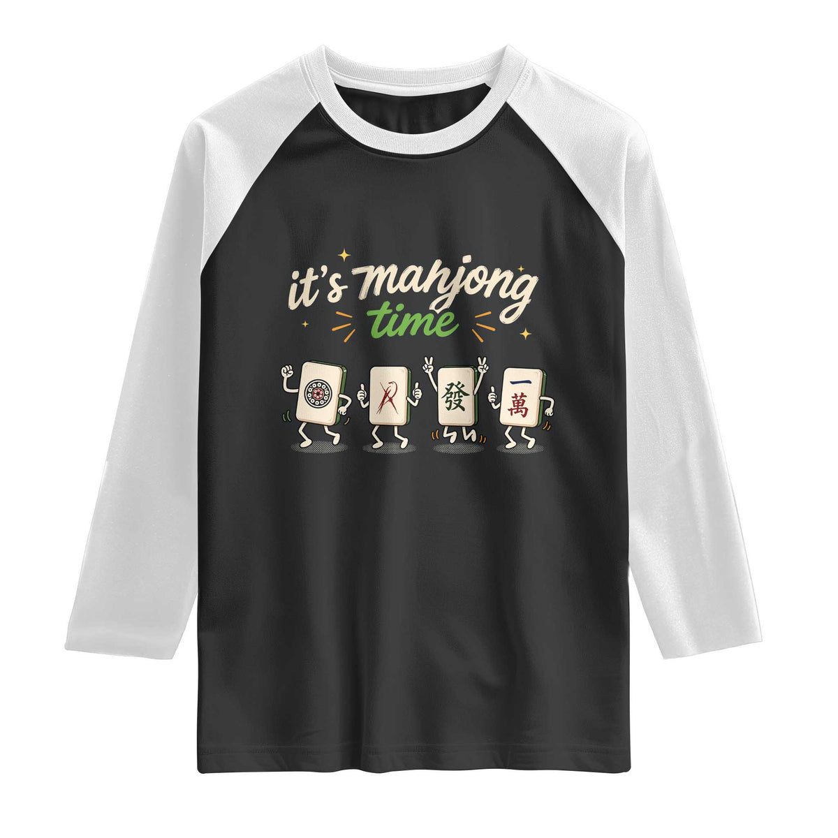 Its Mahjong Time Raglan Shirt Funny Cartoon Mahjong Tiles Gathering Game Night TS10 Black White Print Your Wear