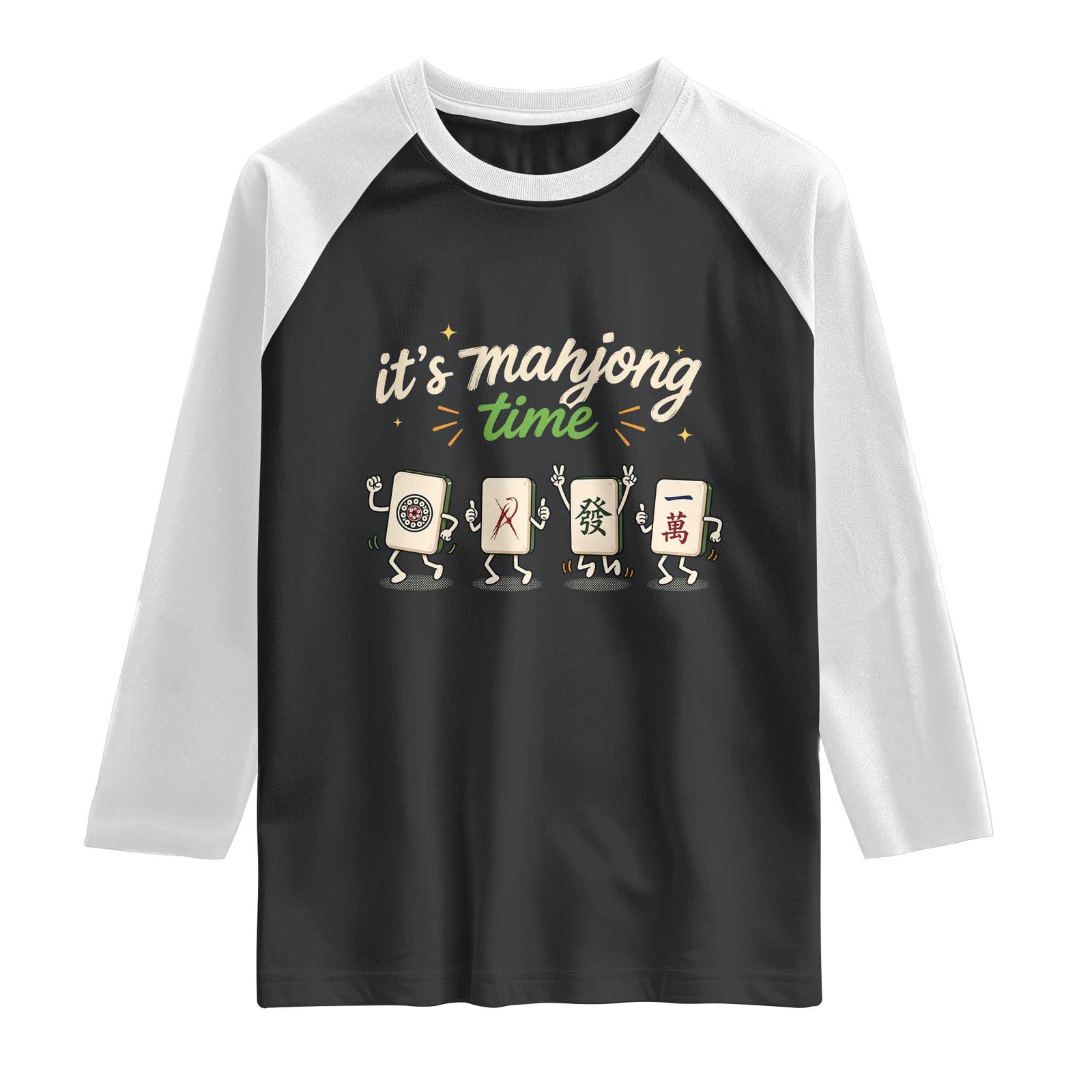 Its Mahjong Time Raglan Shirt Funny Cartoon Mahjong Tiles Gathering Game Night TS10 Black White Print Your Wear