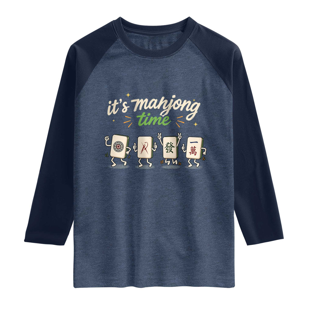 Its Mahjong Time Raglan Shirt Funny Cartoon Mahjong Tiles Gathering Game Night TS10 Heather Denim Navy Print Your Wear