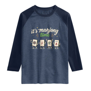 Its Mahjong Time Raglan Shirt Funny Cartoon Mahjong Tiles Gathering Game Night TS10 Heather Denim Navy Print Your Wear