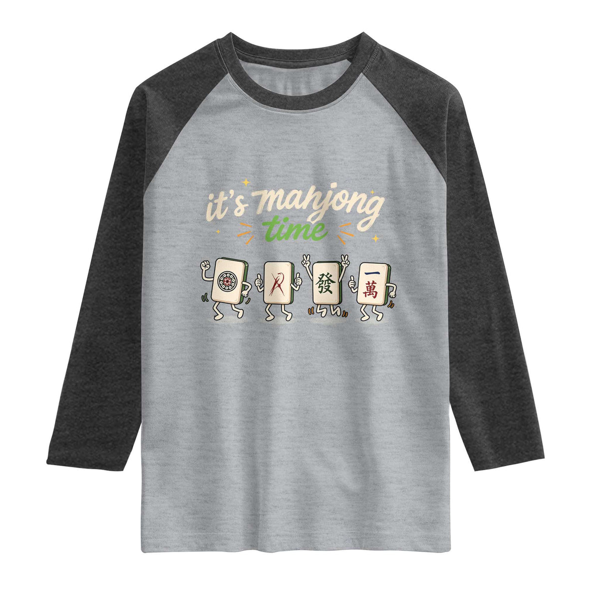 Its Mahjong Time Raglan Shirt Funny Cartoon Mahjong Tiles Gathering Game Night TS10 Heather Gray Heather Charcoal Print Your Wear