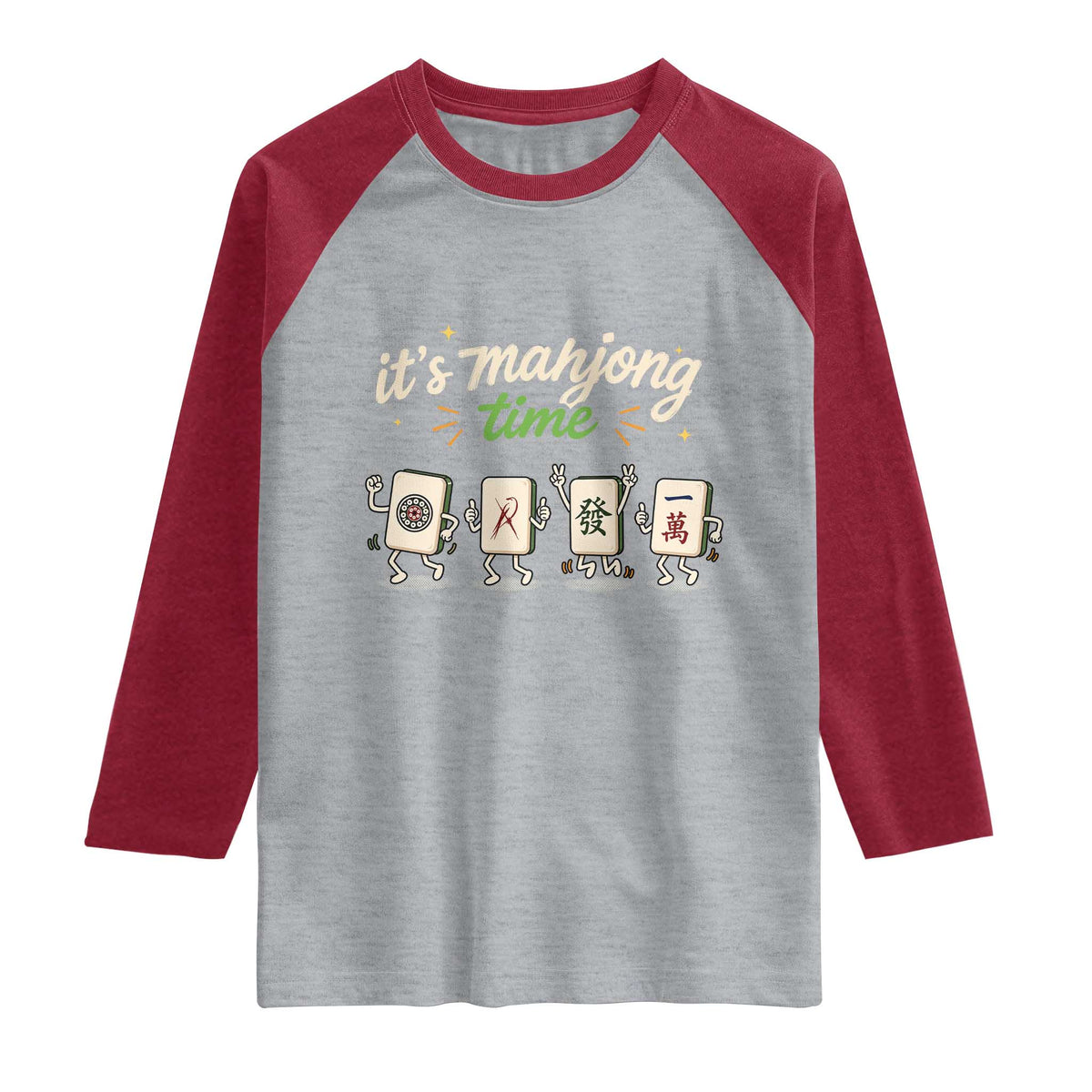 Its Mahjong Time Raglan Shirt Funny Cartoon Mahjong Tiles Gathering Game Night TS10 Heather Gray Heather Red Print Your Wear