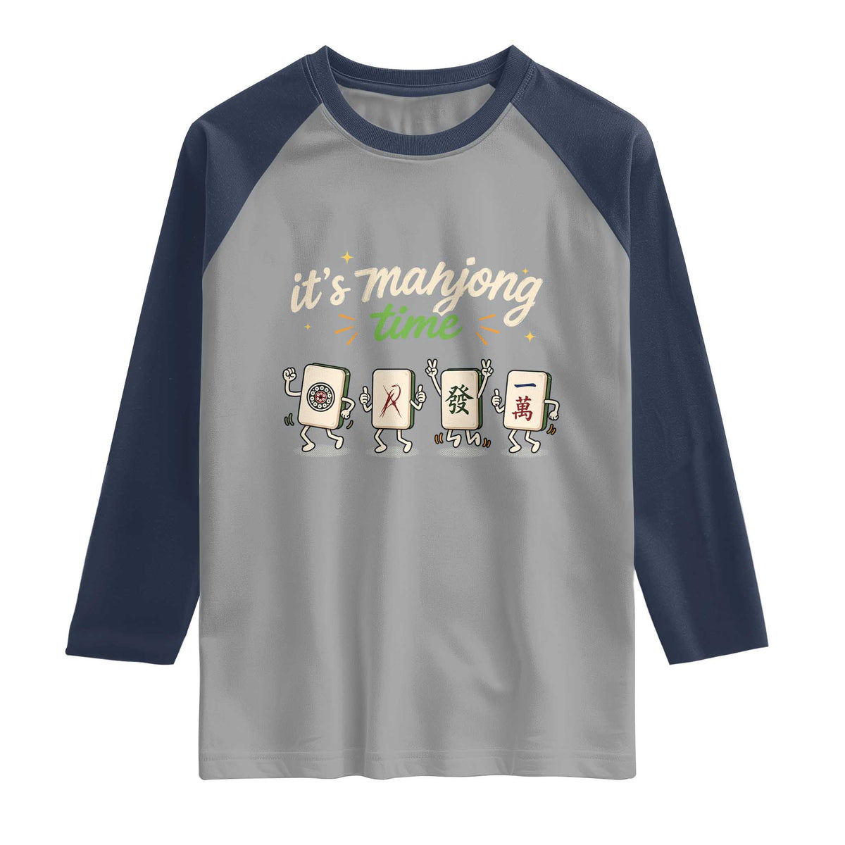Its Mahjong Time Raglan Shirt Funny Cartoon Mahjong Tiles Gathering Game Night TS10 Sport Gray Navy Print Your Wear
