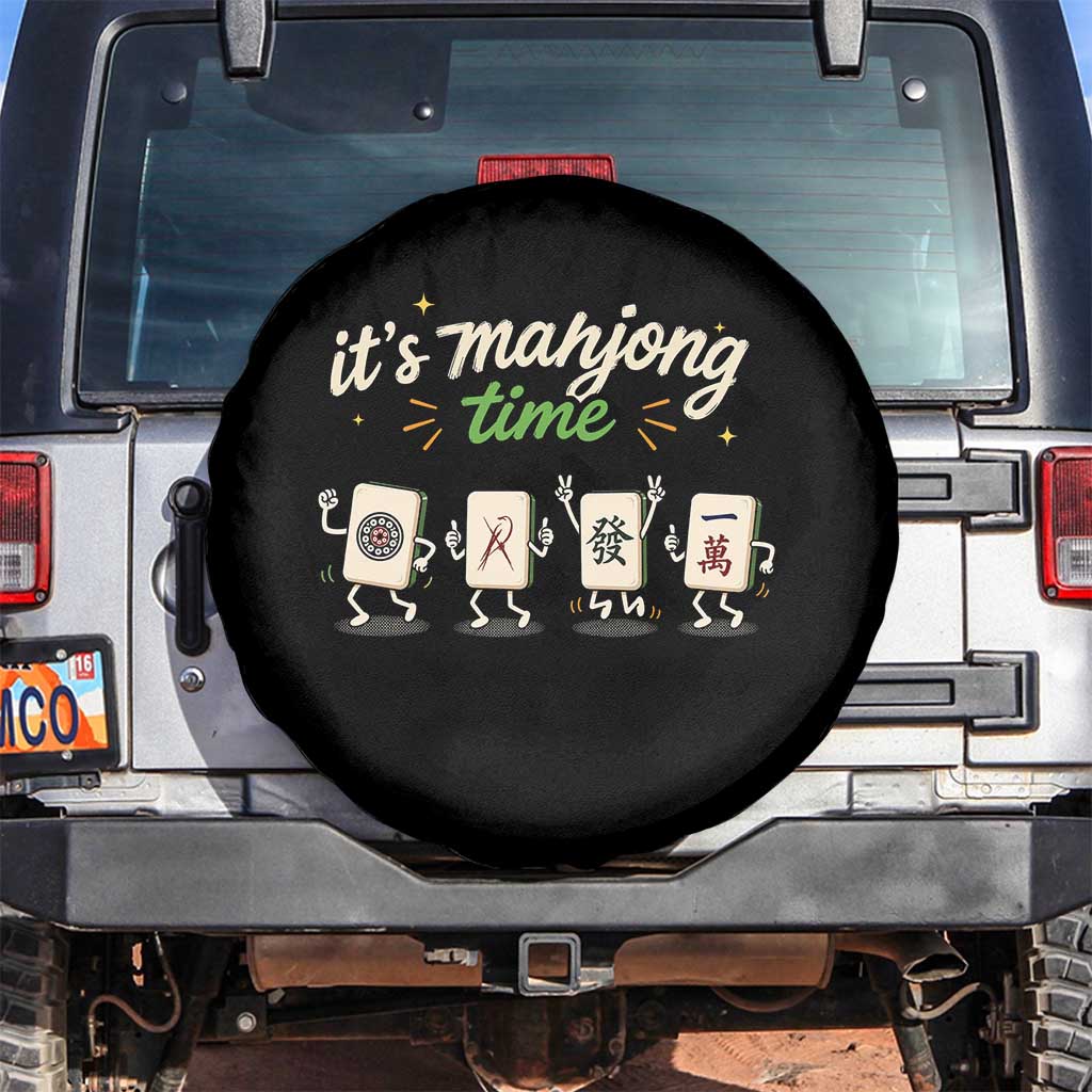 Its Mahjong Time Spare Tire Cover Funny Cartoon Mahjong Tiles Gathering Game Night TS10 No hole Black Print Your Wear