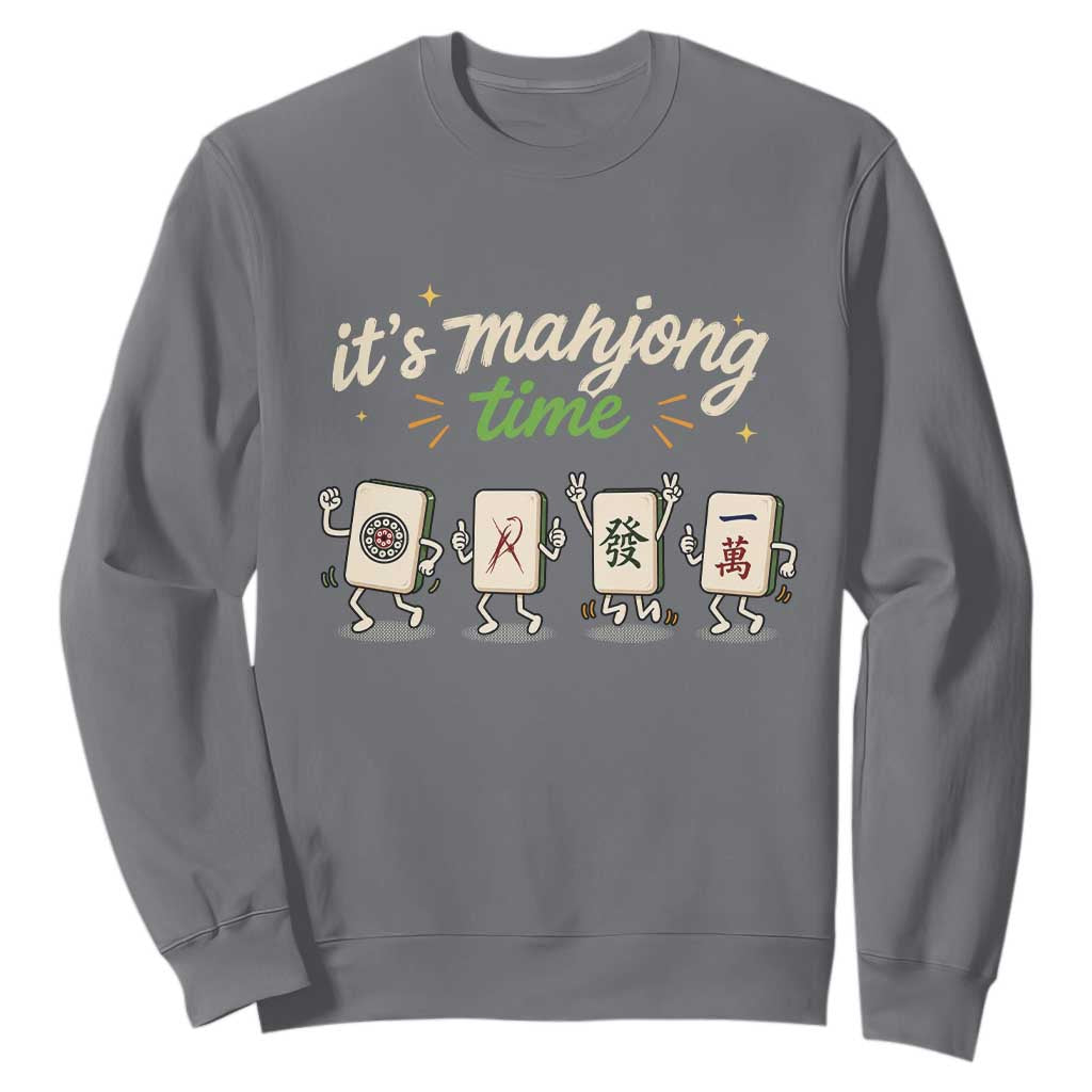 Its Mahjong Time Sweatshirt Funny Cartoon Mahjong Tiles Gathering Game Night TS10 Charcoal Print Your Wear