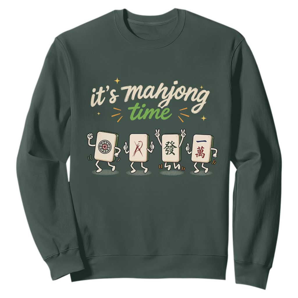 Its Mahjong Time Sweatshirt Funny Cartoon Mahjong Tiles Gathering Game Night TS10 Dark Forest Green Print Your Wear