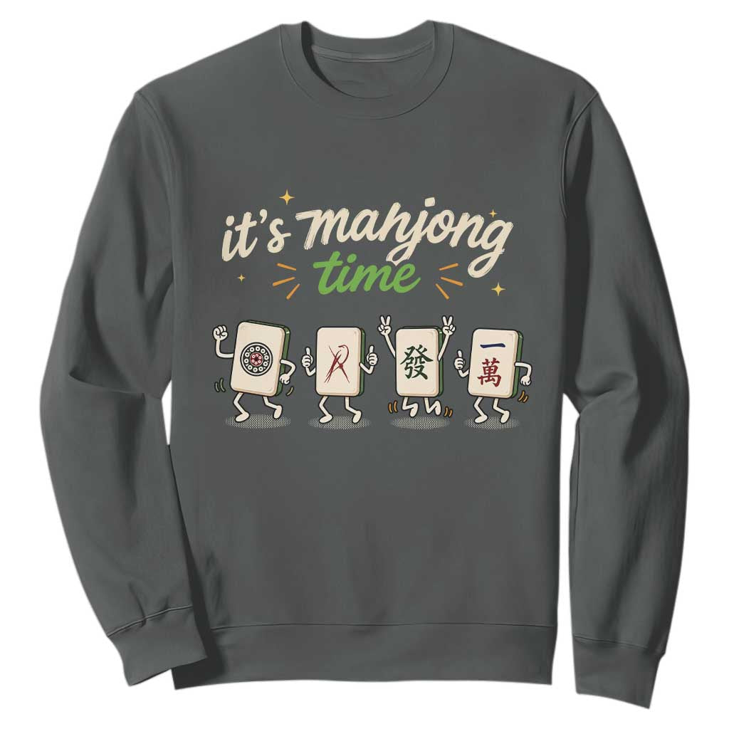 Its Mahjong Time Sweatshirt Funny Cartoon Mahjong Tiles Gathering Game Night TS10 Dark Heather Print Your Wear