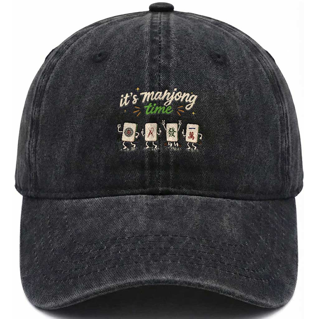 Its Mahjong Time Washed Cotton Baseball Cap Funny Cartoon Mahjong Tiles Gathering Game Night