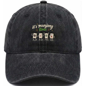 Its Mahjong Time Washed Cotton Baseball Cap Funny Cartoon Mahjong Tiles Gathering Game Night