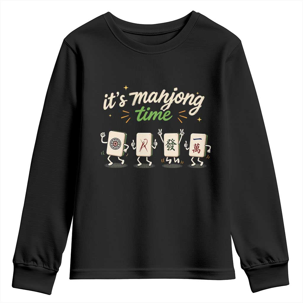 Its Mahjong Time Youth Sweatshirt Funny Cartoon Mahjong Tiles Gathering Game Night TS10 Black Print Your Wear