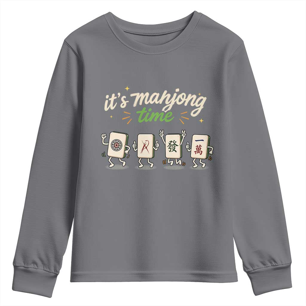Its Mahjong Time Youth Sweatshirt Funny Cartoon Mahjong Tiles Gathering Game Night TS10 Charcoal Print Your Wear