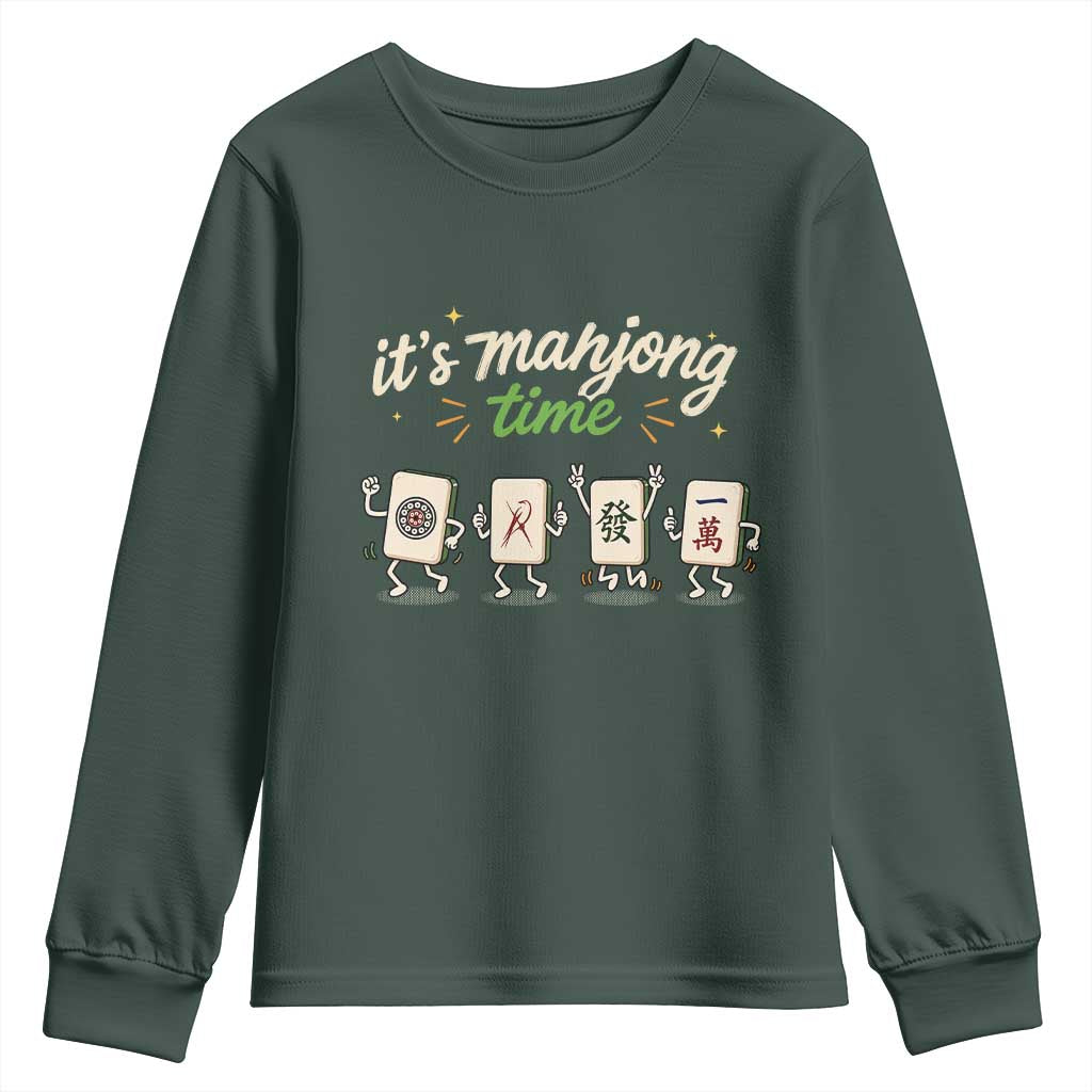 Its Mahjong Time Youth Sweatshirt Funny Cartoon Mahjong Tiles Gathering Game Night TS10 Dark Forest Green Print Your Wear