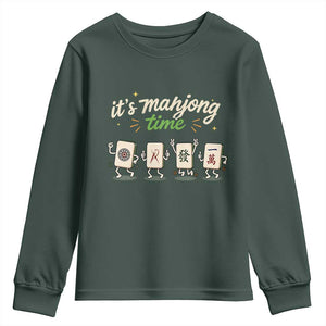 Its Mahjong Time Youth Sweatshirt Funny Cartoon Mahjong Tiles Gathering Game Night TS10 Dark Forest Green Print Your Wear