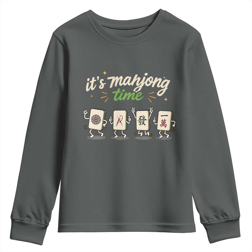 Its Mahjong Time Youth Sweatshirt Funny Cartoon Mahjong Tiles Gathering Game Night TS10 Dark Heather Print Your Wear