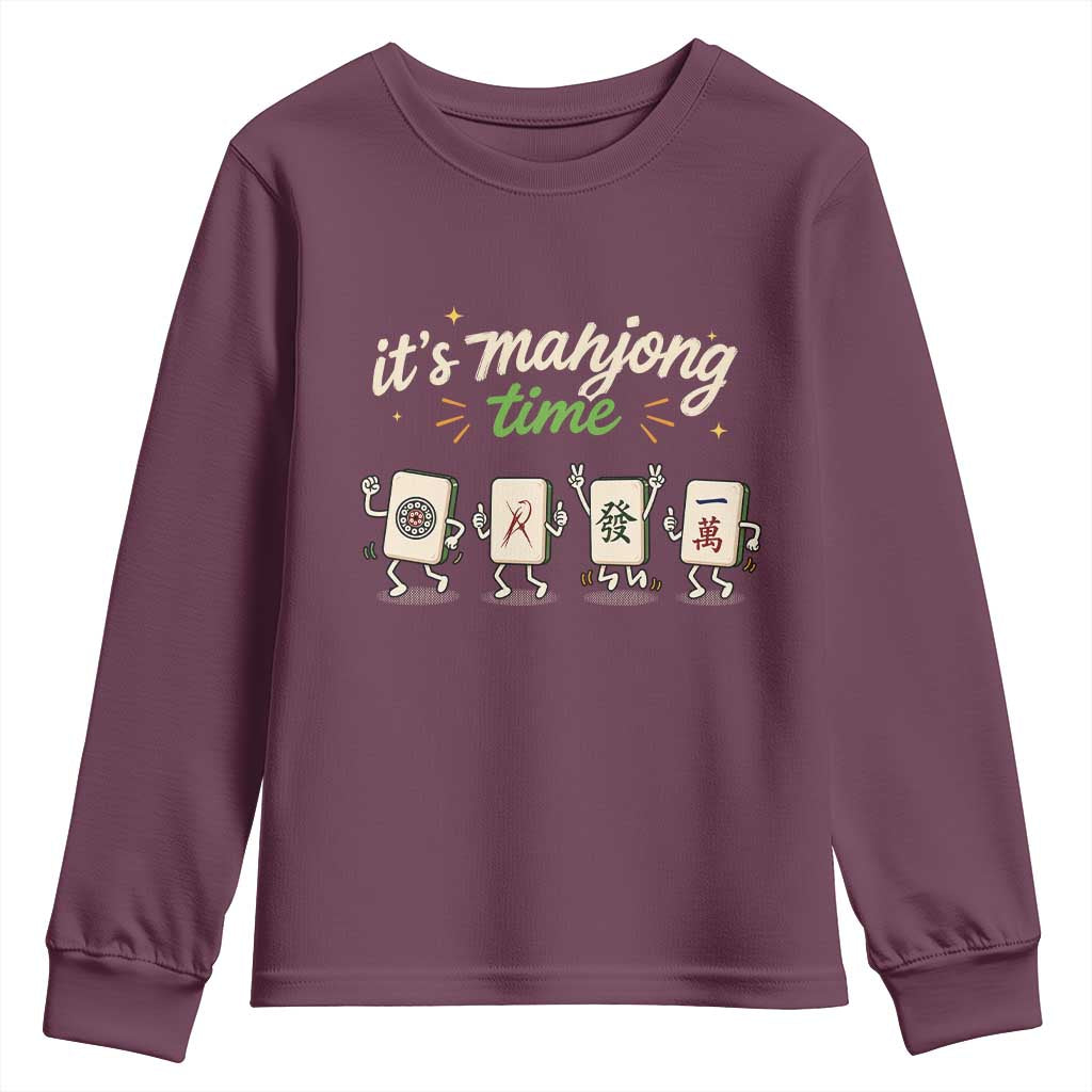 Its Mahjong Time Youth Sweatshirt Funny Cartoon Mahjong Tiles Gathering Game Night TS10 Maroon Print Your Wear
