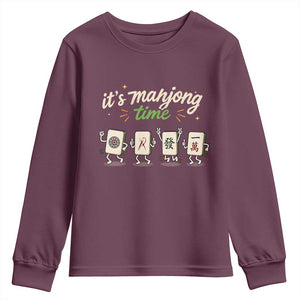 Its Mahjong Time Youth Sweatshirt Funny Cartoon Mahjong Tiles Gathering Game Night TS10 Maroon Print Your Wear