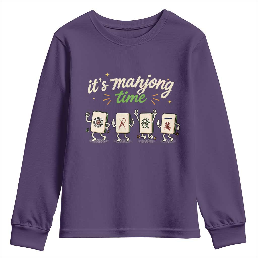 Its Mahjong Time Youth Sweatshirt Funny Cartoon Mahjong Tiles Gathering Game Night TS10 Purple Print Your Wear
