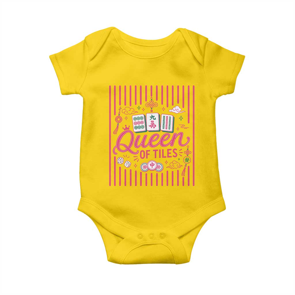 Queen Of Tiles Pink Mahjong Lover Game Night Graphic Baby Onesie