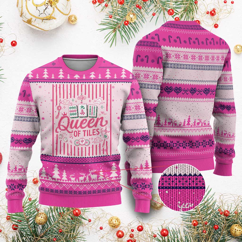 Queen Of Tiles Pink Mahjong Lover Game Night Graphic Ugly Christmas Sweater