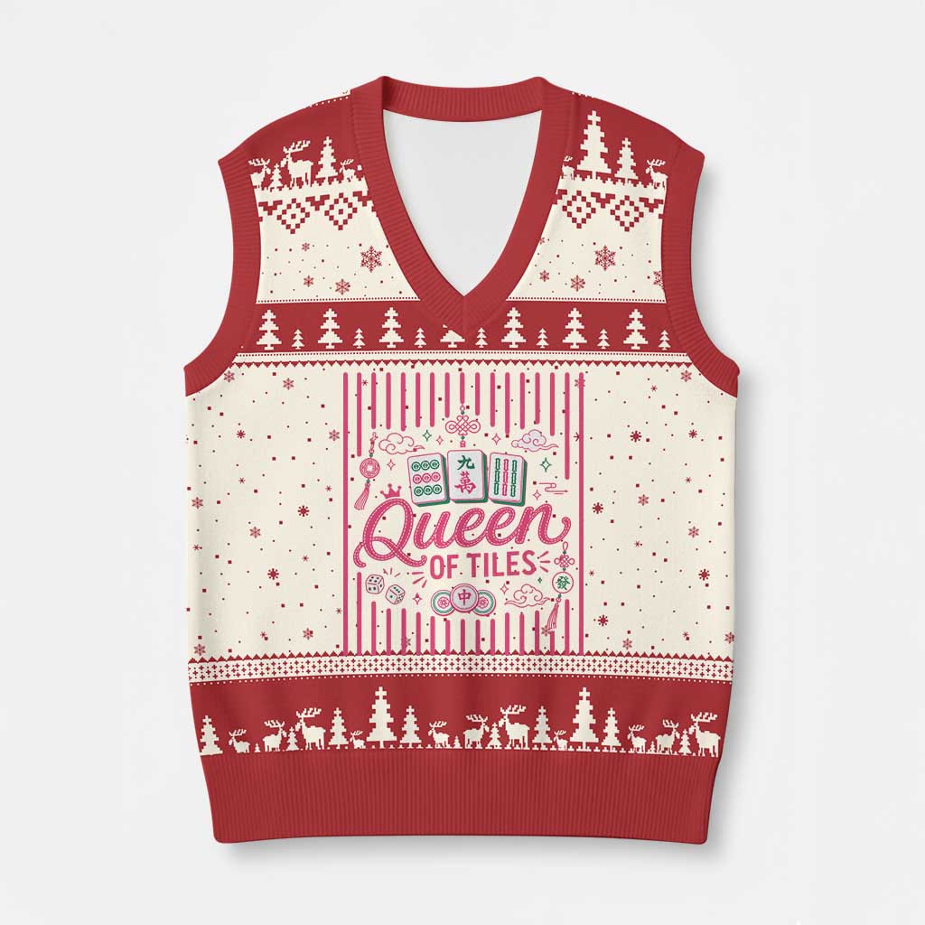 Queen Of Tiles Pink Mahjong Lover Game Night Graphic V-Neck Knit Sweater Vest