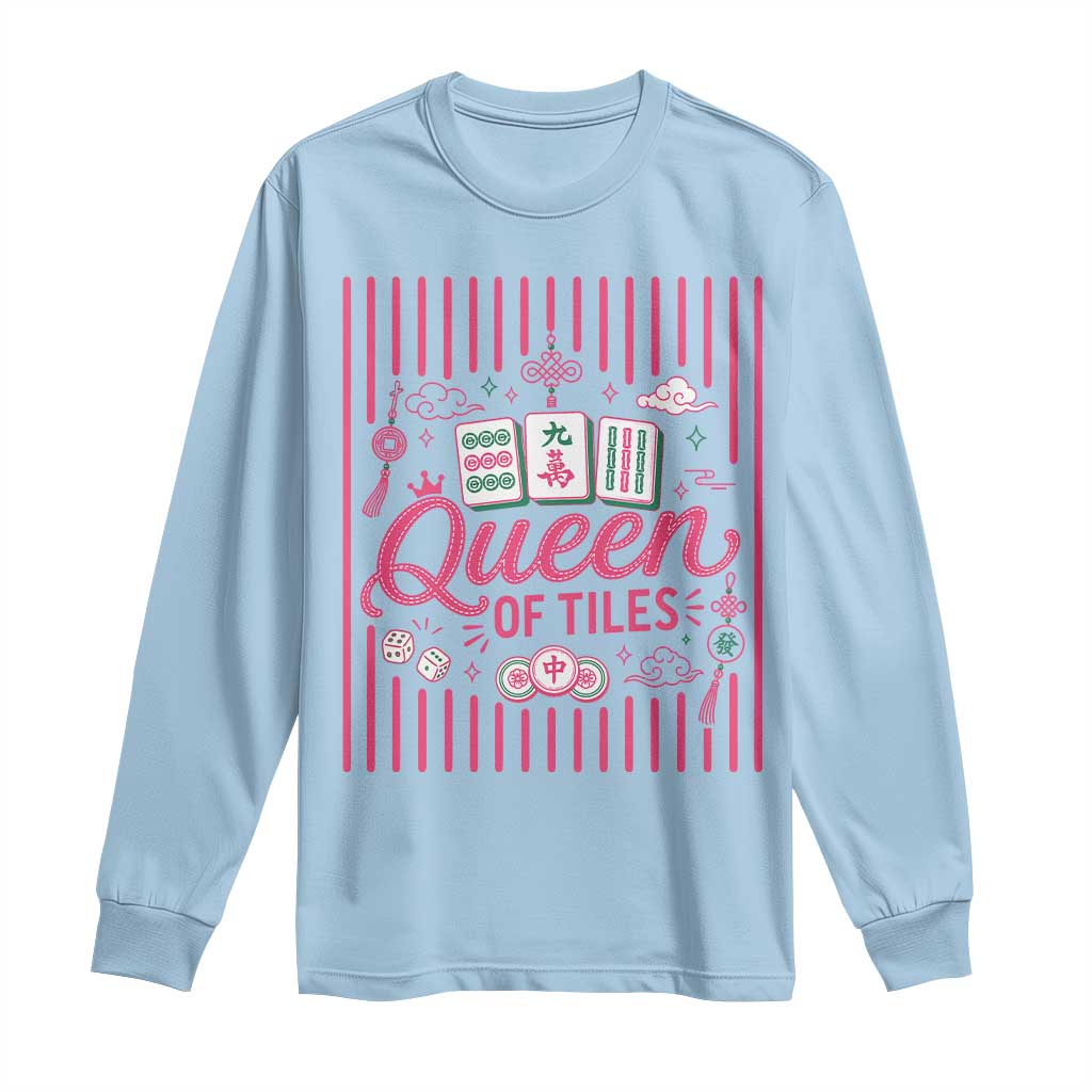 Queen Of Tiles Pink Mahjong Lover Game Night Graphic Long Sleeve Shirt