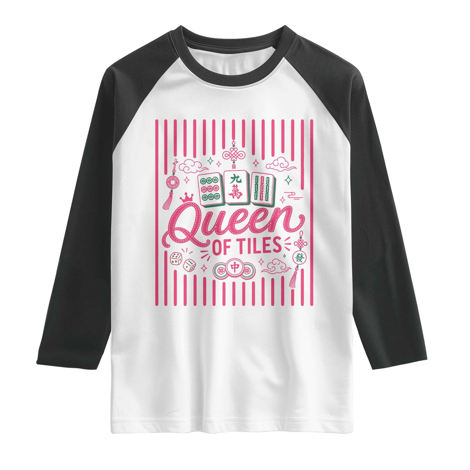 Queen Of Tiles Pink Mahjong Lover Game Night Graphic Raglan Shirt TS10 White Black Print Your Wear
