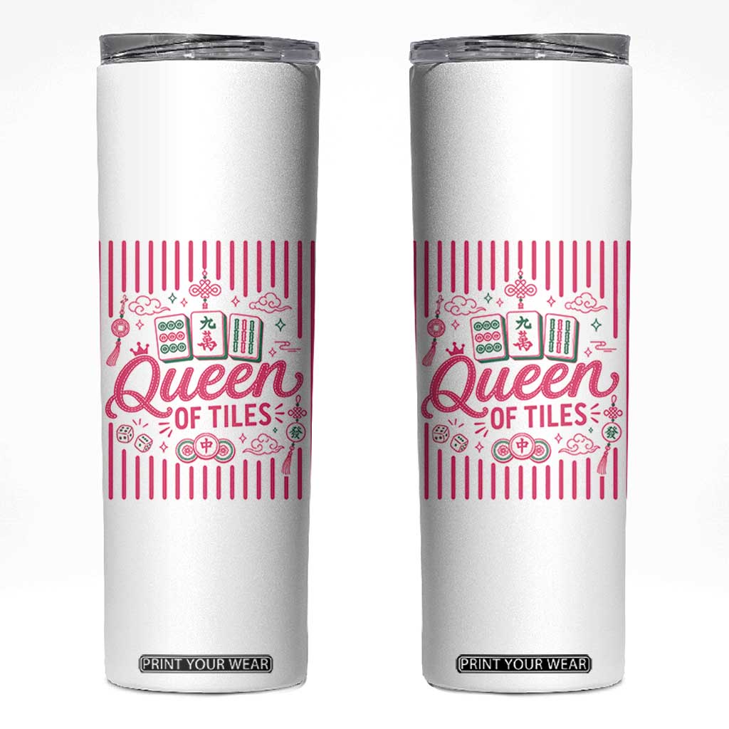 Queen Of Tiles Pink Mahjong Lover Game Night Graphic Skinny Tumbler TS10 White Print Your Wear