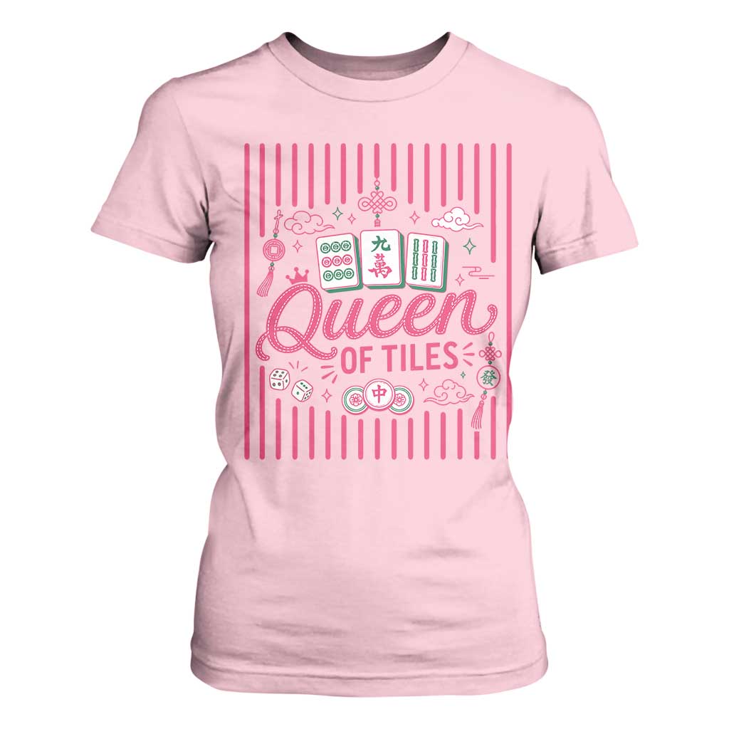 Queen Of Tiles Pink Mahjong Lover Game Night Graphic T Shirt For Women