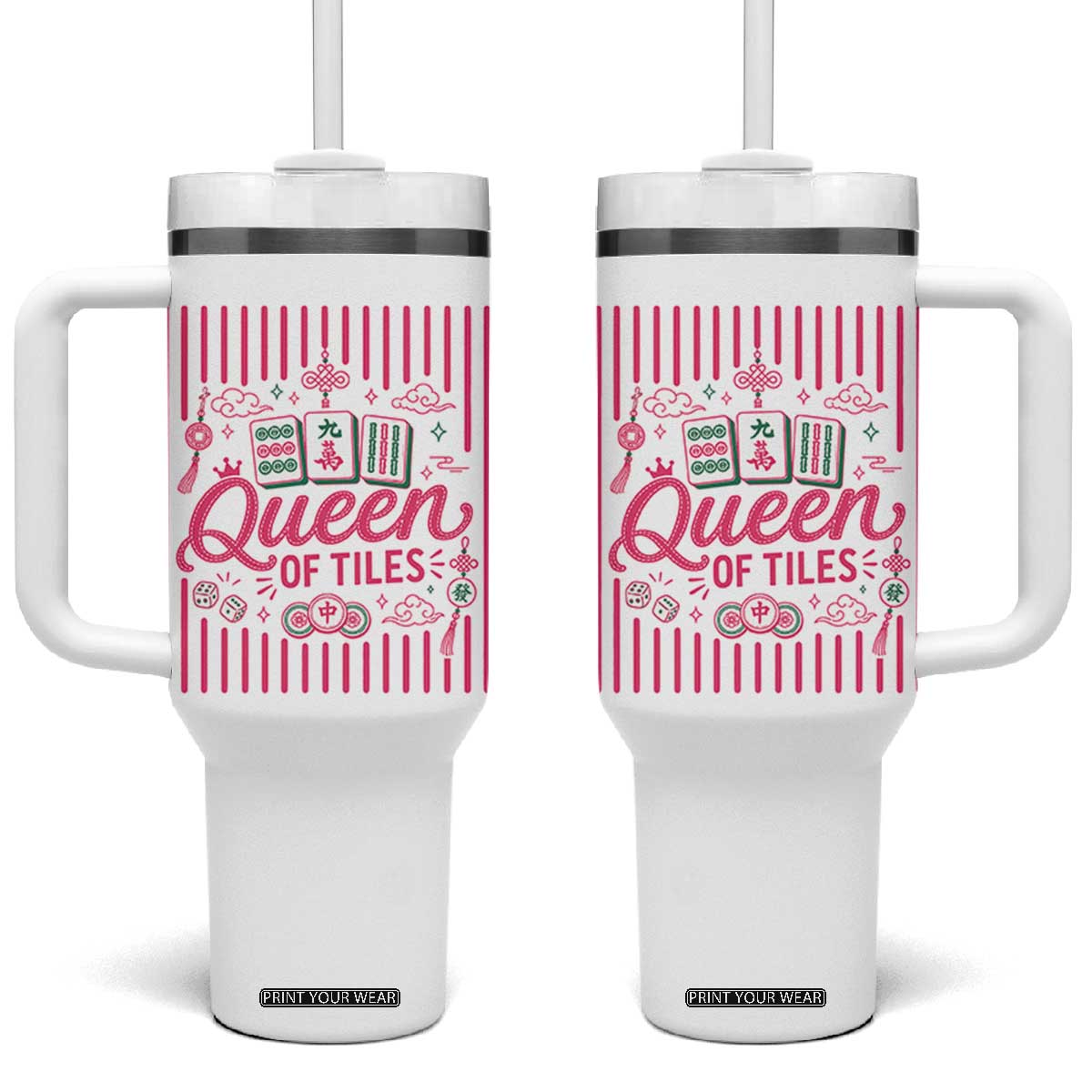 Queen Of Tiles Pink Mahjong Lover Game Night Graphic Tumbler With Handle