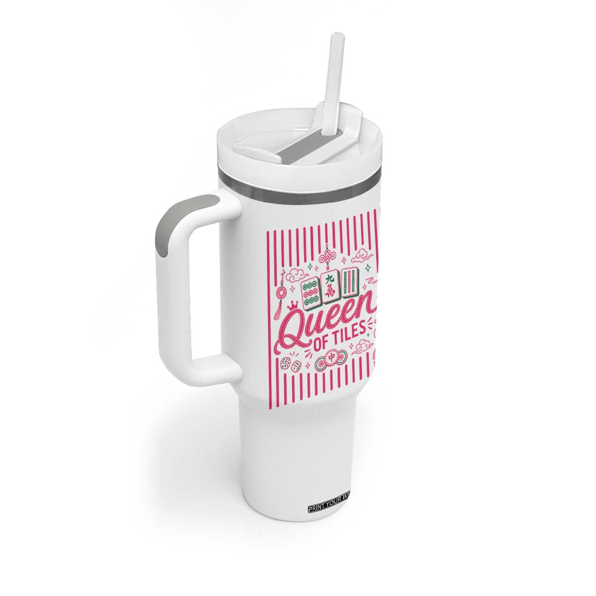 Queen Of Tiles Pink Mahjong Lover Game Night Graphic Tumbler With Handle