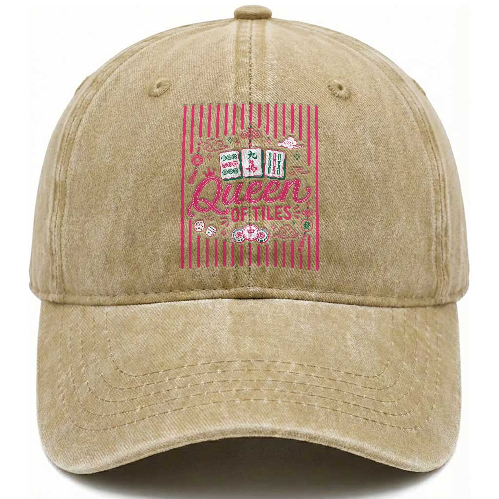 Queen Of Tiles Pink Mahjong Lover Game Night Graphic Washed Cotton Baseball Cap TS10 Print Your Wear