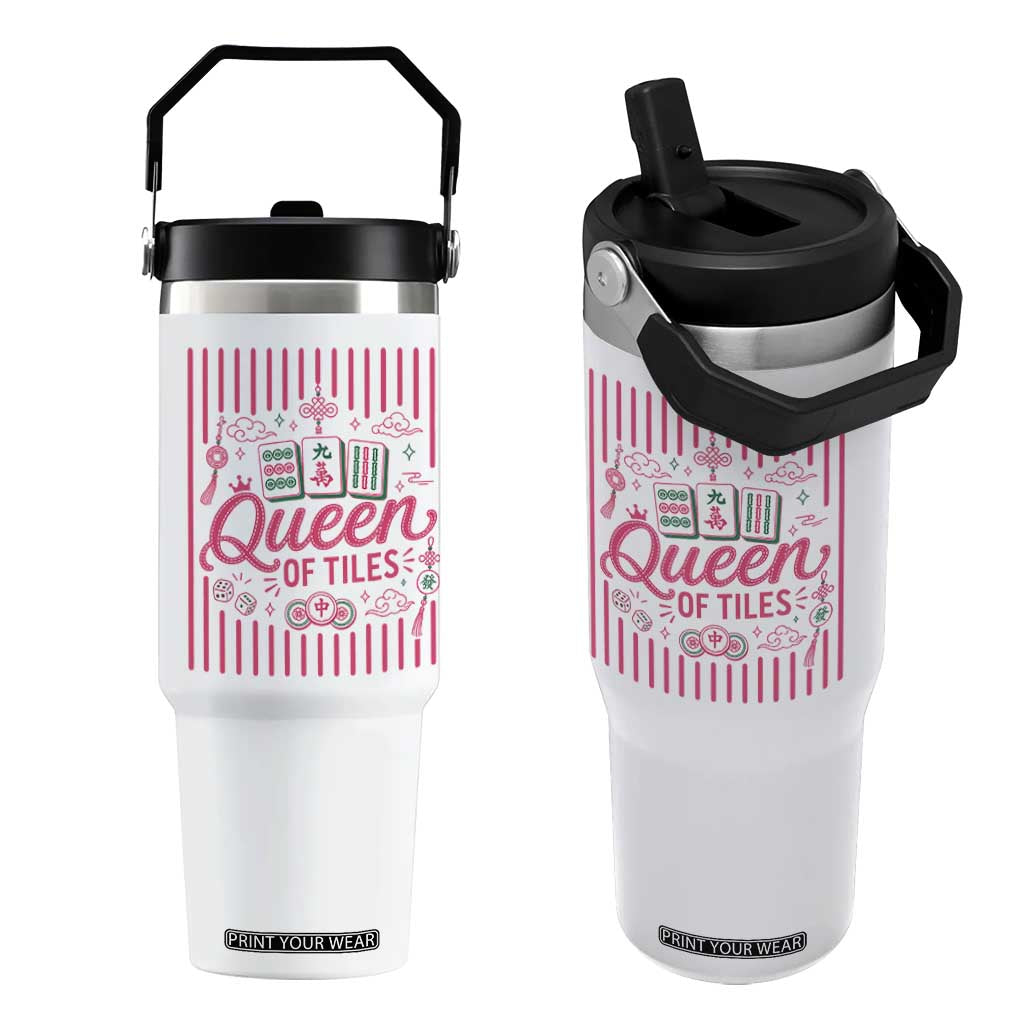 Queen Of Tiles Pink Mahjong Lover Game Night Graphic Flip Straw Tumbler